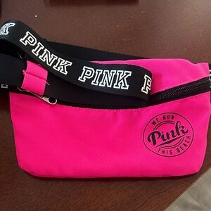 PINK Victoria's Secret Neon Pink Logo Belt Bag with Black Branded Strap